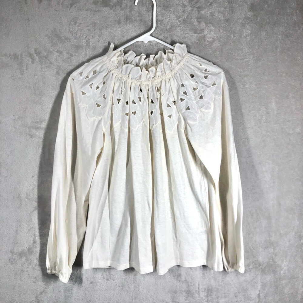 Rebecca Taylor Eyelet High Neck Blouse Size S Cream Linen Romantic Parisian Airy